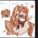  1girl absurdres angelina_(arknights) angelina_the_mellow_wish_(arknights) animal_ear_fluff animal_ears arknights black_collar black_hairband brown_eyes brown_hair chibi chibi_inset chinese_commentary collar commentary_request cropped_legs dress earpiece feet_out_of_frame food fox_ears fox_girl fruit hair_between_eyes hairband highres holding holding_letter infection_monitor_(arknights) letter long_hair long_sleeves looking_at_viewer onaawhim orange_(fruit) paper_background simple_background sitting smile twintails very_long_hair white_background white_dress 