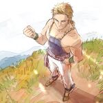  1boy bare_shoulders blonde_hair blue_eyes blue_shirt brown_shoes clenched_hand closed_mouth commentary_request final_fantasy final_fantasy_vi from_above gold_trim hand_on_own_hip highres komugiko_no_mori low_ponytail male_focus muscular muscular_male outdoors pants ponytail sabin_rene_figaro shirt shoes short_hair sketch sleeveless sleeveless_shirt smile solo white_pants 