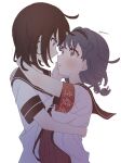  2girls armband arms_around_neck black_hair blue_hair brown_eyes brown_sailor_collar commentary dress english_commentary eye_contact funami_yui furutani_himawari hand_on_another's_face highres looking_at_another multiple_girls nanamori_school_uniform red_armband sailor_collar sailor_dress sankatetsu_flat school_uniform short_twintails simple_background twintails twitter_username white_background white_dress yuri yuruyuri 