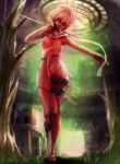  1girl absurdres amputee bandage barefoot blood breasts female highres injury nature nipples nude original queruru red_skin short_hair solo stitches zombie 