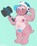  anthro armor blue_background blue_hair brainsister breasts facial_piercing female flexing_muscles hair hammer helmet koopa mario_bros nintendo nose_piercing nude piercing pubes pussy scalie simple_background solo tools video_games 