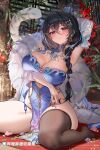  1girl ahoge arm_behind_head arm_under_breasts armpits artist_name black_hair blue_butterfly blue_hat blush braid breasts bug butterfly butterfly_hair_ornament chinese_clothes cleavage coin commission fh_moya fingernails fishnets hair_between_eyes hair_ornament hat highres long_fingernails long_hair looking_at_viewer nail_polish original red_eyes single_fishnet_legwear sitting solo tail thighs very_long_fingernails wariza white_tail 