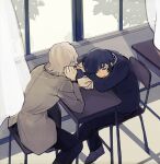  2boys asuka_ryou black_hair blonde_hair chair closed_eyes commentary_request curtains desk devilman from_above fudou_akira futon_(katarosu) gakuran hand_on_another's_hand indoors jacket long_sleeves male_focus multiple_boys pants school_chair school_desk school_uniform short_hair sitting sitting_backwards sleeping sleeping_upright window 