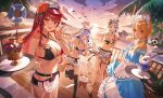  4girls :d ;d absurdres animal_ears animal_print apron beach bell belt bikini bikini_skirt black_belt black_bikini black_shoes blonde_hair blue_dress blue_hair blue_shoes bracelet breasts center_frills cleavage cloud commentary cow_print cow_print_bikini cowbell criss-cross_halter dan'in-san_(shirogane_noel) detached_collar dokuro-kun_(houshou_marine) double-parted_bangs dress elf elfriend_(shiranui_flare) extra_ears flip-flops flower frilled_apron frilled_bikini frilled_dress frills full_body green_eyes grey_hair hair_between_eyes hair_bun hair_flower hair_ornament halterneck hand_up heterochromia high_heel_sandals high_heel_slides high_heels highres holding holding_tray hololive hololive_fantasy horizon houshou_marine houshou_marine_(holonatsu_paradise) jewelry kintsuba_(shiranui_flare) large_breasts layered_dress long_hair looking_at_viewer maid maid_bikini maid_headdress medium_hair miniskirt mismatched_bikini multi-strapped_bikini_bottom multi-strapped_bikini_top multicolored_hair multiple_girls navel neck_bell off-shoulder_dress off_shoulder official_alternate_costume official_alternate_hairstyle one_eye_closed open_mouth orange_eyes outdoors outstretched_arm pekomon_(usada_pekora) platform_heels pointy_ears print_bikini rabbit-shaped_pupils rabbit_ears rabbit_girl red_bikini red_eyes red_hair red_shoes sandals shiranui_flare shiranui_flare_(holonatsu_paradise) shirogane_noel shirogane_noel_(holonatsu_paradise) shoes short_hair single_hair_bun skirt sky small_breasts smile standing stomach streaked_hair sunset swimsuit symbol-shaped_pupils tray twintails two-tone_hair unconventional_maid untranslatable_commentary usada_pekora usada_pekora_(holonatsu_paradise) virtual_youtuber visor_cap waist_apron white_apron white_hair white_streaks xiisalt yellow_eyes 