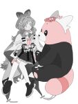  1girl ahoge animal_ears arknights bewear capelet carrot chinese_commentary commentary crossover fingerless_gloves flower flower_wreath full_body fur-trimmed_skirt fur_trim gloves head_wreath highres holding holding_flower long_hair looking_at_another partially_colored pokemon pokemon_(creature) rabbit_ears rabbit_girl shoes simple_background sitting skirt smile thighhighs thumpy_(arknights) white_background zai_yuzhou_de_jintou_yu_gou_dui_fei 