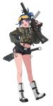  +_+ 1girl absurdres ammunition_pouch assault_rifle bare_legs black_shirt black_shorts blue_hair boots bypos commentary cropped_shirt full_body goggles goggles_on_head gun h&amp;k_mp5sd highres holding holding_weapon knife leaning_forward long_hair looking_at_viewer midriff navel open_mouth original pouch purple_eyes rifle shirt shorts simple_background solo standing submachine_gun suppressor untranslatable_commentary vest weapon weapon_request white_background white_boots 