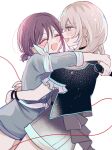  2girls absurdres arms_around_neck black_shirt blue_nails blush closed_eyes commentary_request girls_band_cry grey_eyes grey_hair grey_shirt grey_shorts hamchan69 highres holding holding_microphone hug iseri_nina kawaragi_momoka long_hair microphone multicolored_hair multiple_girls open_mouth red_hair red_nails roots_(hair) shirt short_twintails shorts simple_background smile sweatdrop twintails white_background yuri 