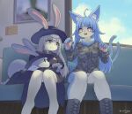  +_+ 1boy 1girl 1other :3 :d ahoge animal_ear_fluff animal_ears animal_nose bare_legs barefoot black_boots black_coat black_hat blue_fur blue_hair blunt_bangs boots bottomless breasts camouflage camouflage_jacket cat_boy cat_ears cat_tail coat commentary_request commission day fangs feet_out_of_frame feral_instincts forked_tail foxtail furry furry_female furry_male grey_eyes hands_up hat heterochromia highres jacket japan_air_self-defense_force japan_air_self-defense_force_omaezaki_sub-base japan_self-defense_force lace-up_boots long_eyelashes long_hair looking_to_the_side male_with_breasts medium_breasts military neck_fur omaneko original orizuru pawpads rabbit_ears rabbit_girl red_eyes side-by-side sitting skeb_commission smile sweatdrop tail tongue train_interior translation_request trap twitter_username two-tone_fur very_long_hair whiskers white_fur white_hair wide_brim window yellow_eyes |_| 