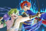  2boys abs armor arrow_(projectile) asuma_yuran blue_background blue_cape blue_fire blue_headband bow_(weapon) brown_gloves burning cape close-up closed_mouth commentary_request cropped emblem_(fire_emblem_engage) fingerless_gloves fire fire_emblem fire_emblem:_the_binding_blade fire_emblem_engage fire_emblem_heroes gloves headband holding holding_arrow holding_bow_(weapon) holding_weapon looking_to_the_side male_focus multiple_boys navel open_mouth pectorals roy_(fire_emblem) smile toned toned_male topless_male weapon wolt_(fire_emblem) 