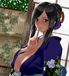  arm_at_side bangs black_hair blue_kimono breasts brown_eyes brown_hair cleavage closed_mouth collarbone commentary_request final_fantasy final_fantasy_vii finger_to_mouth fingernails floral_print flower hair_flower hair_ornament hair_ribbon hand_up highres huge_breasts japanese_clothes kimono large_breasts leaf light_smile long_fingernails long_hair long_sleeves looking_at_viewer obi plant print_kimono revision ribbon sash short_hair sliding_doors solo suuitchi tifa_lockhart upper_body wide_sleeves 