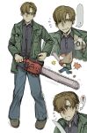  ? blonde_hair blue_pants chainsaw collared_shirt commentary facial_hair green_jacket grey_shirt highres holding holding_chainsaw holding_photo jacket james_sunderland long_sleeves male_focus pants photo_(object) shirt short_hair silent_hill_(series) silent_hill_2 smile speech_bubble white_background yellow_eyes zhomgwei59756 