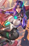  1girl blue_eyes bodysuit breasts cityscape d.mon_(overwatch) dusk feet_out_of_frame highres large_breasts liang_xing long_hair midair outdoors overwatch purple_hair robot_ears scenery solo sparks sunlight white_bodysuit 