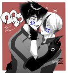  2025 2boys 404n_f adam's_apple blue_lock blush border cheek-to-cheek commentary_request drawing_on_another's_face gloves greyscale_with_colored_background heads_together heart highres holding holding_marker karasu_tabito looking_at_another male_focus marker multicolored_hair multiple_boys one_eye_closed otoya_eita outside_border short_hair soccer_uniform spoken_heart sportswear streaked_hair translation_request white_border yaoi 
