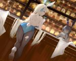  2girls :/ absurdres animal_ear_hairband animal_ears arm_on_table ass asuna_(blue_archive) asuna_(bunny)_(blue_archive) backboob backless_leotard backless_outfit bar_(place) bare_back bare_shoulders black_hair black_hairband black_leotard black_pantyhose blonde_hair blue_archive blue_eyes blue_halo blue_leotard blue_ribbon breasts chinese_commentary cleavage closed_mouth cocktail_glass commentary_request counter cup dark-skinned_female dark_skin detached_collar dot_nose drinking_glass dutch_angle elbow_on_table elbow_rest expressionless fake_animal_ears fake_tail foot_out_of_frame from_behind gloves grin hair_flowing_over hair_ribbon hairband halo high_heels highres holding holding_cup incredibly_absurdres indoors karin_(blue_archive) karin_(bunny)_(blue_archive) large_breasts leg_up legs legs_together leotard long_hair looking_at_viewer looking_back multiple_girls official_alternate_costume pantyhose playboy_bunny profile purple_halo rabbit_ear_hairband rabbit_ears rabbit_tail ribbon shoe_soles smile standing standing_on_one_leg strapless strapless_leotard tail torn_clothes torn_pantyhose turning_head under-elbow_gloves very_long_hair white_gloves white_hairband yellow_eyes yinglemao 