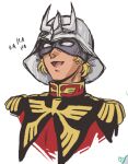 1boy ban--tam black_capelet blonde_hair capelet char_aznable collared_jacket combat_helmet commentary derivative_work english_commentary epaulettes eye_mask gundam helmet jacket laughing male_focus mask military_rank_insignia military_uniform mobile_suit_gundam open_mouth portrait red_jacket scene_reference science_fiction screenshot_redraw simple_background solo sound_effects tongue upper_body white_background zeon 