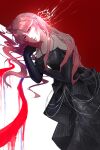  1girl absurdres animal black_dress black_gloves blood blood_drip blood_from_eyes brown_eyes bujue_(cao4829025) cat chinese_commentary clothed_animal commentary_request crying crying_with_eyes_open dress elbow_gloves empty_eyes eyelashes feet_out_of_frame frown gloves hair_spread_out hand_on_own_chest highres lips long_hair looking_at_viewer lying momo_(nikki) multicolored_hair nikki_(nikki) nikki_(series) on_side parted_lips pink_hair print_dress red_background sad shining_nikki solo space_print starry_sky_print strapless strapless_dress streaked_hair striped_clothes striped_dress tears two-tone_background vertical-striped_clothes vertical-striped_dress very_long_hair wavy_hair white_background 