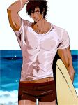  1boy arm_behind_head black_hair black_male_swimwear clive_rosfield closed_mouth commentary_request cowboy_shot final_fantasy final_fantasy_xvi hair_between_eyes holding holding_surfboard light_smile male_focus male_swimwear midriff_peek muscular muscular_male ocean sakurai_shushushu scar scar_on_cheek scar_on_face shirt short_hair solo surfboard t-shirt wet wet_clothes wet_shirt white_shirt 