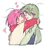  2girls arms_around_neck blush commentary emne english_commentary english_text green_hair green_sweater heart hood hoodie horns kusanagi_nene long_hair multiple_girls ootori_emu open_mouth pink_eyes pink_hair pink_hoodie project_sekai purple_eyes simple_background smile sweater two-tone_hoodie upper_body white_background yellow_horns yuri 