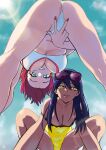  2girls absurdres amate_yuzuriha aqua_eyes ass bikini black_hair blue_sky breasts cleavage collarbone commentary_request crop_top from_below gundam gundam_gquuuuuux highres large_breasts leaning_forward long_hair looking_at_viewer multiple_girls nekoi_mie nyaan_(gundam_gquuuuuux) one-piece_swimsuit open_mouth outdoors red_hair short_hair sky smile spread_pussy squatting swimsuit upside-down v yellow_bikini yellow_eyes 