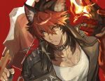  1boy animal_ear_fluff animal_ears bandaged_arm bandages black_gloves black_hair black_jacket body_fur clenched_teeth collar collarbone colored_bangs commentary dog_boy dog_ears ear_piercing fingerless_gloves fire gloves hair_between_eyes hashibiro_kou_(garapiko_p) highres holding holding_sword holding_weapon jacket jewelry komano_manato leaf_in_mouth looking_at_viewer male_focus multicolored_hair multiple_scars muscular muscular_male necklace over_shoulder parted_lips pectorals piercing red_background red_bandage red_hair scar scar_across_eye scar_on_chest scar_on_face shirt short_hair solo spiked_jacket sword teeth two-tone_hair untranslatable_commentary upper_body v-shaped_eyebrows weapon weapon_over_shoulder white_shirt zenless_zone_zero 