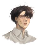  1boy absurdres black_eyes black_hair blind_eye commentary_request cropped_shoulders crying dress_shirt highres korean_commentary levi_(shingeki_no_kyojin) male_focus omoc_ackerman parted_lips scar scar_across_eye scar_on_face shingeki_no_kyojin shirt short_hair simple_background solo tears teeth white_background white_shirt 