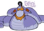  2015 belly big_belly big_breasts black_hair blakeroats breasts clothed clothing digital_drawing_(artwork) digital_media_(artwork) female front_view gypsy_(blakeroats) hair hi_res leopard_print looking_at_viewer naga navel open_mouth overweight overweight_female purple_body reptile scales scalie sharp_teeth simple_background smile snake solo spread_arms teeth text white_background 