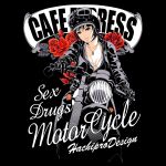  1girl ace_(playing_card) ace_of_spades artist_name bikini bikini_under_clothes black_background black_eyes black_gloves black_hair black_jacket black_pants breasts card cleavage commentary_request english_text flower gloves goggles goggles_on_headwear helmet highres jacket jewelry leaf long_hair medium_breasts motor_vehicle motorcycle necklace on_motorcycle original pants parted_lips partially_unzipped playing_card red_flower red_rose rose smile solo spade_(shape) swimsuit white_bikini yamato_akira 