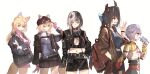  5girls absurdres advarcher animal_ear_fluff animal_ears asymmetrical_horns baseball_cap belt black_belt black_choker black_hair black_horns black_jacket black_shorts black_skirt blonde_hair blue_dress blue_eyes blue_hair breasts brown_coat choker closed_mouth coat commentary crop_top cup demon_horns dog_ears dog_girl dog_tail dress drinking drinking_straw drinking_straw_in_mouth ears_through_headwear english_commentary fingerless_gloves fuwawa_abyssgard gloves grey_hair grey_shirt hair_intakes hair_ornament hand_in_pocket hands_in_pockets hat highres holding holding_cup hololive hololive_english horns jacket jewel_under_eye koseki_bijou long_hair medium_breasts midriff mococo_abyssgard mole mole_under_eye multicolored_hair multiple_girls navel nerissa_ravencroft open_clothes open_jacket open_mouth pink_dress pink_eyes pink_gloves pink_hair purple_eyes shiori_novella shirt shorts siblings sisters skirt split-color_hair streaked_hair tail twins two-tone_hair uneven_horns virtual_youtuber yellow_eyes 
