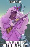  1girl :d ;d building clefable commentary dark-skinned_female dark_skin derivative_work dress english_commentary english_text eyelashes eyeshadow fan_request fascinator funkshire game_screenshot_background gloves gun hat holding holding_gun holding_weapon impact_(font) jacinthe_(pokemon) long_hair long_sleeves makeup meme one_eye_closed open_mouth pokemon pokemon_legends:_z-a prism_tower purple_dress purple_eyes purple_eyeshadow purple_gloves purple_hair purple_hat screenshot_background shotgun sky smile solo teeth tower very_dark_skin weapon you're_putting_on_the_maid_outfit_(meme) 