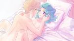  aqua_hair bed bishoujo_senshi_sailor_moon blonde_hair convenient_arm couple eye_contact fingernails hand_on_another's_cheek hand_on_another's_face highres kaiou_michiru looking_at_another lying multiple_girls nude pillow purple_eyes red_lips short_hair tasuku_(tasukurukuru) ten'ou_haruka touching very_short_hair yuri 