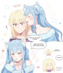  ! 2girls animal_ears bang_dream! bang_dream!_it's_mygo!!!!! blonde_hair blue_hair blue_ribbon cat_ears cat_girl commentary dog_ears dog_girl english_commentary english_text hair_ribbon highres kemonomimi_mode long_hair medium_hair misumi_uika multiple_girls navn4v open_mouth purple_eyes ribbon sidelocks simple_background speech_bubble togawa_sakiko two_side_up white_background yellow_eyes yuri 