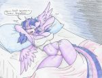  2018 awake bed_head big_breasts breasts cleavage clothed clothing dialogue english_text equine female flicker-show friendship_is_magic hair horn mammal messy_hair my_little_pony nipple_bulge panties pillow solo text twilight_sparkle_(mlp) underwear winged_unicorn wings 