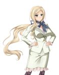  1girl black_pantyhose blonde_hair blush breasts cleavage closed_mouth divine_heart_makina formal_clothes frilled_skirt frills game_asset green_eyes hair_ribbon hands_on_own_hips jacket kagemusya lady_astrea large_breasts large_variant_set long_hair long_sleeves looking_at_viewer low_ponytail non-web_source official_art pantyhose pencil_skirt ponytail ribbon scarf self-datamine simple_background skirt skirt_suit solo standing suit tachi-e transparent_background variant_set very_long_hair white_skirt 