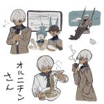  1boy 1girl 2boys ahoge ahoge_girl_(jimini_shijimi) bird black_necktie blue_serafuku blunt_bangs bowl braid braided_ponytail bridal_gauntlets brown_coat chopsticks coat collared_shirt commentary_request cropped_torso crossed_bangs dark-skinned_male dark_skin earrings eating floating_earrings food from_side hair_between_eyes highres holding holding_chopsticks holding_instrument holding_maracas holding_microphone horns ice_god_(jimini_shijimi) instrument jewelry jimini_shijimi long_hair long_sleeves maracas microphone multiple_boys multiple_views musical_note neckerchief necktie noodles on_swing open_mouth original playing_instrument pointy_ears sailor_collar school_uniform serafuku sharp_teeth shirt short_eyebrows short_hair short_sleeves sidelocks sky sleeveless smoking smoking_pipe smoking_pipe_in_mouth solo sweatdrop swing teeth translation_request white-haired_man_(jimini_shijimi) white_background white_hair 