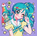  1girl absurdres aikatsu! aikatsu!_(series) alien aqua_eyes aqua_hair aqua_nails aqua_neckerchief aqua_skirt arm_up blush chibi chibi_inset closed_mouth clover_hair_ornament commentary english_commentary eyelashes facial_mark fingernails green_neckerchief green_skirt hair_ornament hair_scrunchie heart heart_facial_mark heart_hair_ornament highres kiriya_aoi long_hair multiple_views nail_polish neckerchief nyuumin one_eye_closed open_mouth plaid_clothes plaid_neckerchief plaid_scrunchie plaid_skirt puffy_short_sleeves puffy_sleeves purple_background rainbow sailor_collar scrunchie shirt short_sleeves side_ponytail sidelocks simple_background skirt smile smiley_face sparkle speech_bubble star_(symbol) star_facial_mark thought_bubble twitter_username two-tone_neckerchief two-tone_skirt ufo unmoving_pattern v white_sailor_collar wrist_cuffs yellow_shirt 