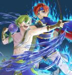  2boys abs armor arrow_(projectile) asuma_yuran blue_background blue_cape blue_fire blue_headband blue_shorts bow_(weapon) brown_gloves burning cape closed_mouth commentary_request emblem_(fire_emblem_engage) fingerless_gloves fire fire_emblem fire_emblem:_the_binding_blade fire_emblem_engage fire_emblem_heroes gloves headband highres holding holding_arrow holding_bow_(weapon) holding_weapon looking_to_the_side male_focus multiple_boys navel open_mouth pants pectorals roy_(fire_emblem) shorts smile toned toned_male topless_male weapon white_pants wolt_(fire_emblem) 