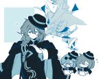  1boy 1girl absurdres blue_theme blush bowl braid chopsticks cinq_association_east_uniform closed_mouth coat coat_on_shoulders don_quixote_(project_moon) eating eyewear_on_head food gloves hat heterochromia highres hong_lu_(project_moon) limbus_company monochrome noodles pince-nez project_moon side_braid smile sparkle t0x1lc 