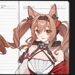  1girl absurdres angelina_(arknights) angelina_the_mellow_wish_(arknights) animal_ear_fluff animal_ears arknights black_collar black_hairband brown_eyes brown_hair chinese_commentary collar commentary_request fang fox_ears fox_girl hair_between_eyes hairband highres infection_monitor_(arknights) lined_paper long_hair looking_at_viewer open_mouth paper_background ran_22 skin_fang smile solo twintails upper_body 