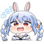  1girl :d animal_ear_fluff animal_ears black_leotard blue_hair blush_stickers braid carrot_hair_ornament chibi commentary cropped_torso detached_sleeves don-chan_(usada_pekora) dress food-themed_hair_ornament hair_between_eyes hair_ornament highres hololive leotard mochimiko multicolored_hair puffy_short_sleeves puffy_sleeves rabbit_ears red_eyes short_eyebrows short_sleeves simple_background smile solo strapless strapless_dress strapless_leotard teeth thick_eyebrows translation_request twin_braids twintails twitter_username two-tone_hair upper_teeth_only usada_pekora usada_pekora_(1st_costume) virtual_youtuber white_background white_dress white_hair white_sleeves 