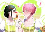  ! 1uman1 2girls absurdres alien_stage blush breasts burger cleavage commentary feeding flat_chest food food_in_mouth french_fries green_eyes hair_ornament hairclip half_updo heart highres large_breasts mizi_(alien_stage) multicolored_shirt multiple_girls official_alternate_costume pink_hair puffy_short_sleeves puffy_sleeves purple_eyes shirt short_hair short_sleeves small_sweatdrop smile spoken_exclamation_mark striped_clothes striped_shirt sua_(alien_stage) untranslatable_commentary vertical-striped_clothes vertical-striped_shirt very_short_hair waitress white_shirt yellow_shirt 