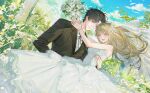  1boy 1girl arms_around_neck bare_arms black_hair black_jacket black_ribbon blue_sky bouquet bracelet bridal_veil brown_eyes brown_hair chinese_commentary choi_jongsu collared_shirt commentary_request commission couple daisy_(flower) day dress dutch_angle eye_contact floating_hair flower flower_request garbage_time hair_intakes hand_on_another's_waist happy hetero highres holding holding_bouquet jacket jewelry kibelyang long_hair looking_at_another neck_ribbon oc_x_canon open_mouth original outdoors ribbon rose second-party_source shirt short_hair sky smile straight_hair strapless strapless_dress suit suit_jacket veil very_short_hair wedding wedding_dress white_dress white_flower white_rose white_shirt white_veil 