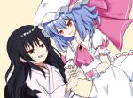  2girls absurdres alternate_costume ascot black_hair blue_hair bow bowtie collared_shirt commentary_request frilled_shirt_collar frilled_skirt frilled_wrist_cuffs frills hair_down hakurei_reimu hat hat_ribbon highres holding_hands interlocked_fingers japanese_clothes kimono long_sleeves mob_cap multiple_girls open_mouth orange_eyes pink_ascot pink_wrist_cuffs red_eyes reinoni remilia_scarlet ribbon ribbon-trimmed_skirt ribbon_trim shirt simple_background skirt skirt_set smile sweatdrop touhou white_hat white_kimono white_shirt white_skirt wide_sleeves wrist_cuffs yellow_bow yellow_bowtie yuri 