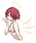  1girl arknights bikini blush bracelet breasts brown_eyes closed_mouth commentary_request exusiai_(arknights) gold_bracelet hair_over_one_eye halo jewelry profnote red_hair red_nails short_hair small_breasts smile solo swimsuit w white_bikini wings yellow_halo 