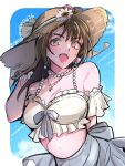  1girl arm_behind_back bare_shoulders blush border bow bracelet breasts brown_hair cleavage commentary_request crop_top dissidia_duellum_final_fantasy dissidia_final_fantasy earrings final_fantasy final_fantasy_viii flower flower_bracelet grey_eyes grey_skirt hat hat_flower jewelry long_hair medium_breasts midriff necklace off-shoulder_shirt off_shoulder official_alternate_costume open_mouth pearl_necklace ring ring_necklace rinoa_heartilly rinoa_heartilly_(mermaid_pearl) sayaendou0426 shirt shirt_bow skirt smile solo straw_hat sun_hat twitter_username upper_body white_border white_shirt 