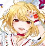  blonde_hair choker commentary_request daimaou_ruaeru eyebrows_visible_through_hair fangs flandre_scarlet flower headwear_removed nail_polish red_eyes side_ponytail simple_background slit_pupils smile solo touhou white_background 