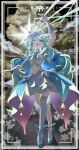  1girl absurdres arm_up armpits blue_bow blue_bowtie blue_hair blue_hat blue_ribbon blue_shoes blue_skirt blue_tube_top boater_hat bow bow_earrings bowtie bridal_gauntlets brooch butterfly_hat_ornament closed_mouth commentary_request cure_eclair diamond_earrings earrings flat_chest full_body gradient_hair green_hair hand_up hat hat_ornament hat_ribbon heart heart_brooch heterochromia highres howa_kurea jewelry long_hair looking_at_viewer magical_girl meitantei_precure! midriff multicolored_hair navel oekai_iakeo orange_eyes overskirt precure purple_bridal_gauntlets red_eyes ribbon shoes single_thighhigh skirt solo strapless thighhighs tube_top two-tone_hair very_long_hair white_thighhighs 