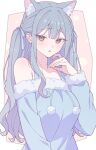  1girl animal_ears bang_dream! bang_dream!_it's_mygo!!!!! blue_dress blue_hair blue_ribbon blush breasts cat_ears commentary dress e20 hair_ribbon highres looking_at_viewer off_shoulder open_mouth ribbon sidelocks solo togawa_sakiko yellow_eyes 
