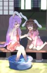  2girls absurdres animal_ears blush brown_hair bucket carrot_hair_ornament carrot_necklace collared_shirt commentary_request dress floppy_ears food food-themed_hair_ornament hair_ornament highres holding holding_food holding_popsicle inaba_tewi jewelry long_hair multiple_girls necklace necktie open_mouth pendant pink_dress pink_shirt pink_skirt popsicle puffy_short_sleeves puffy_sleeves purple_hair rabbit_ears rabbit_girl rabbit_tail red_eyes red_necktie reinoni reisen_udongein_inaba ribbon-trimmed_dress ribbon_trim shirt short_sleeves shouji skirt sliding_doors smile soaking_feet tail tatami touhou very_long_hair water 