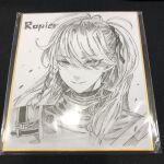  1girl braid character_name commentary_request english_text hair_between_eyes hair_ribbon highres jun_(navigavi) long_hair looking_at_viewer monochrome nose_shade original paper_background parted_lips photo_(medium) ponytail portrait rapier_(navigavi) ribbon shikishi single_braided_sidelock sketch smile solo traditional_media 