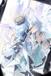  1girl absurdres animal_ears arknights black_border black_ribbon blue_hair border braid broken_mirror castle cat_ears chino_(user_zdyd2447) clothes_lift commentary detached_sleeves dress frills from_behind green_eyes hair_ornament hair_ribbon hand_on_mirror hat highres long_hair long_sleeves looking_at_mirror mirror multicolored_hair official_alternate_costume parted_lips ribbon rosmontis_(an_airy_dream)_(arknights) rosmontis_(arknights) see-through_clothes single_braid skirt skirt_lift solo standing white_dress white_hair wrist_cuffs 